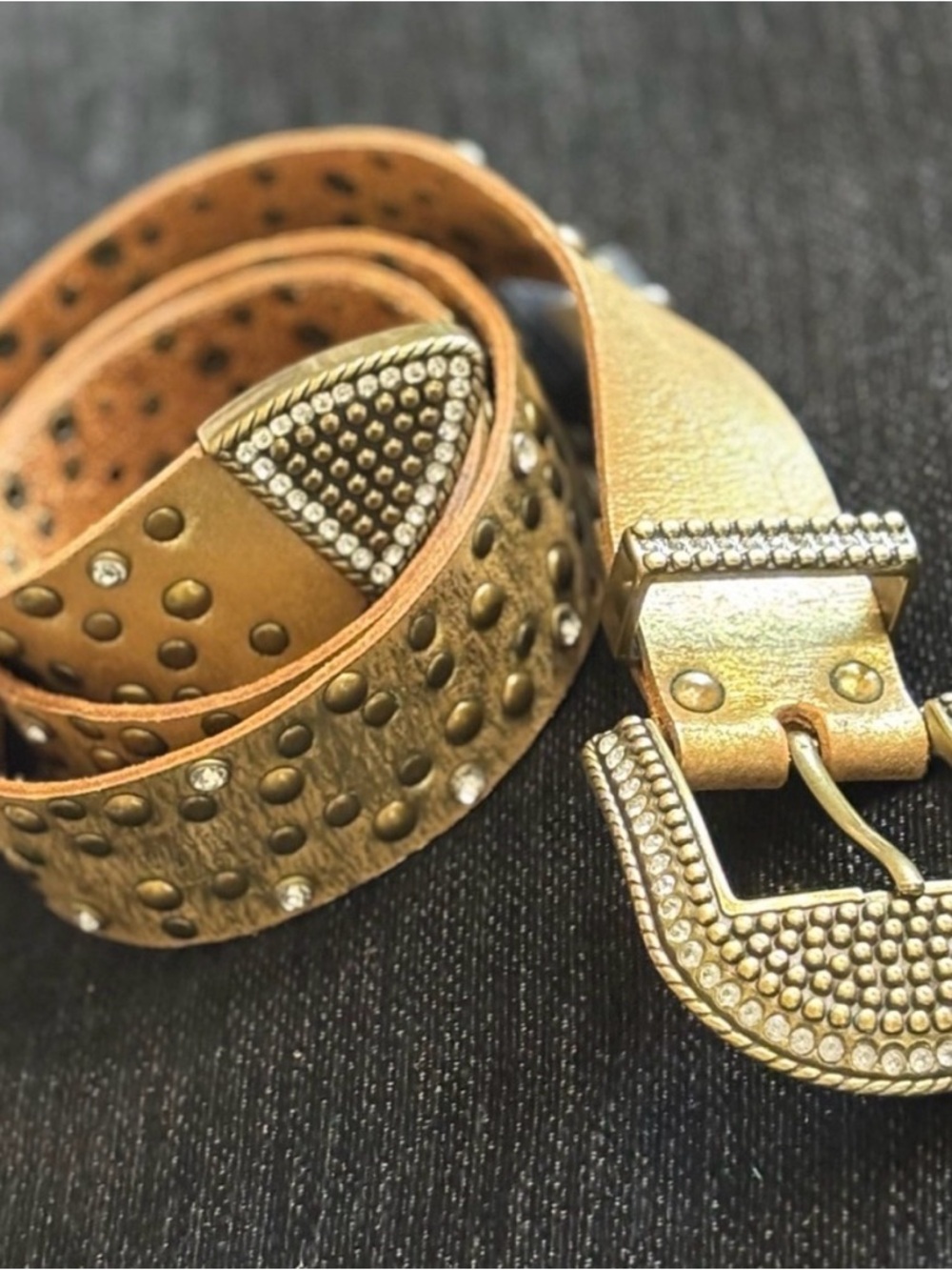 Arizona Jean Co Studded Leather Belt Gold Rhinestone Bling Western Boho Small VG